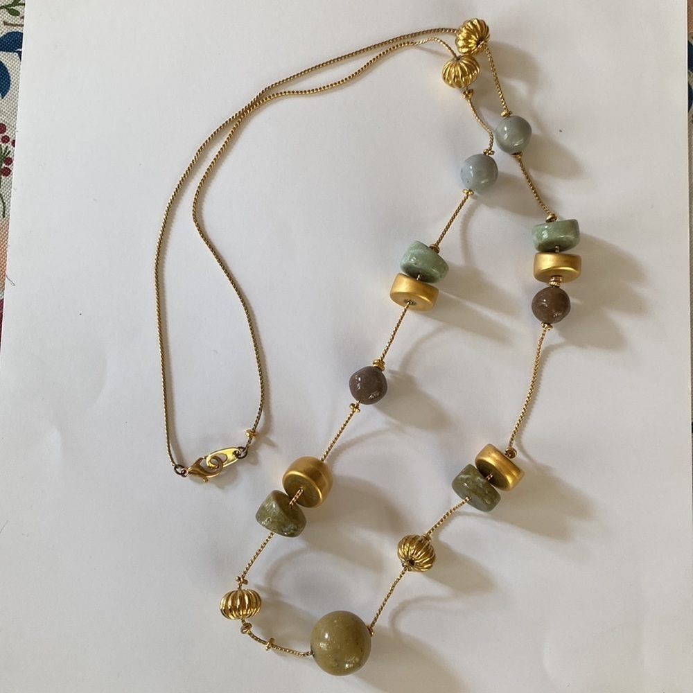 Green‎ and gold beaded long statement necklace